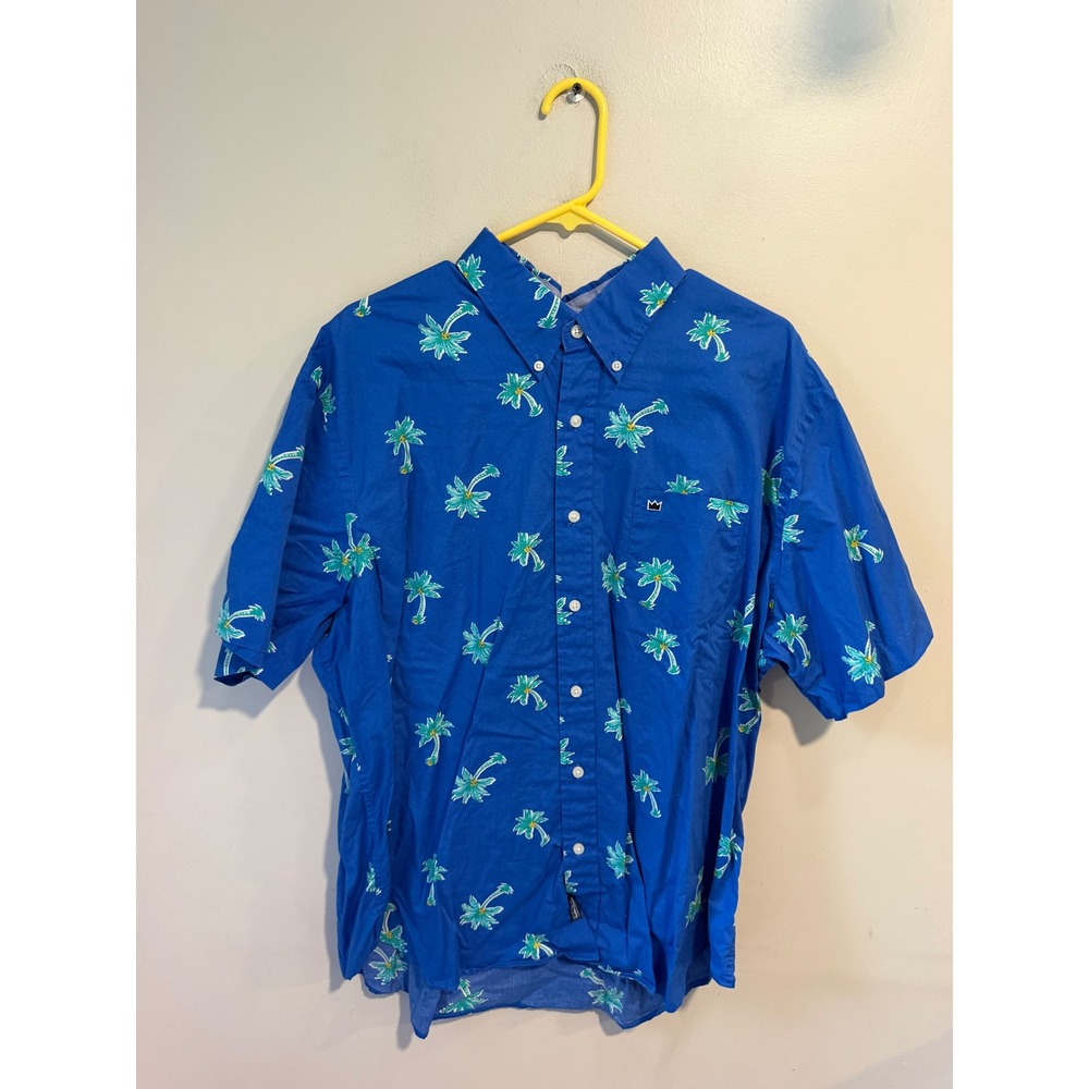 Crown & Ivy Mens XL Blue Palm Tree Print Short Sleeve Button Down Shirt Tropical